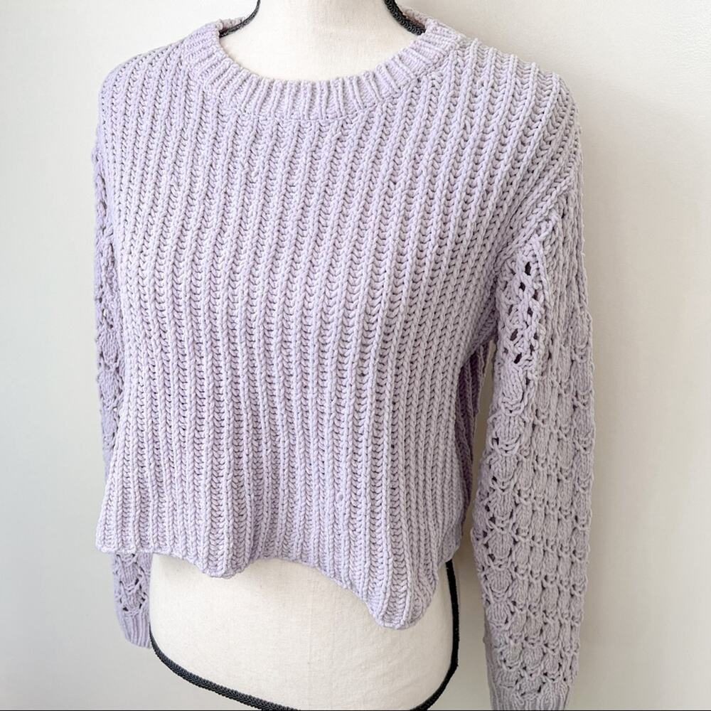 Lavender Cropped Sweater - Knit Balloon Sleeve Coquette Boho Size Medium